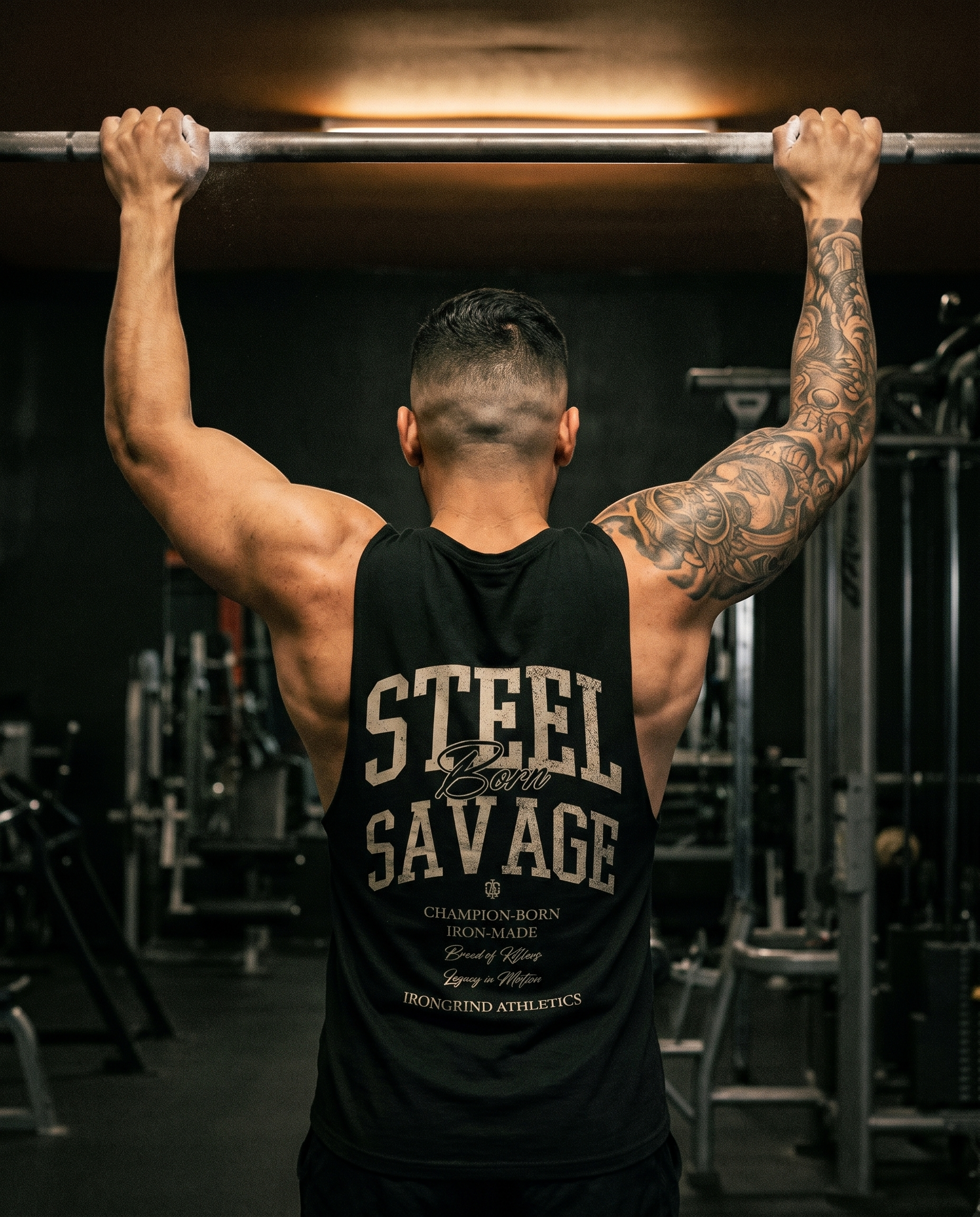 Lifter in an IronGrind tank on a pull-up bar